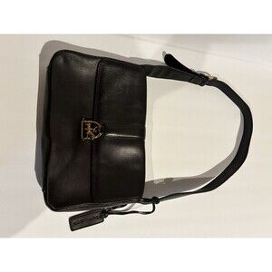 Vintage black Leather Ralph Lauren Shoulder Bag With Bronze Metal Rider On Horse